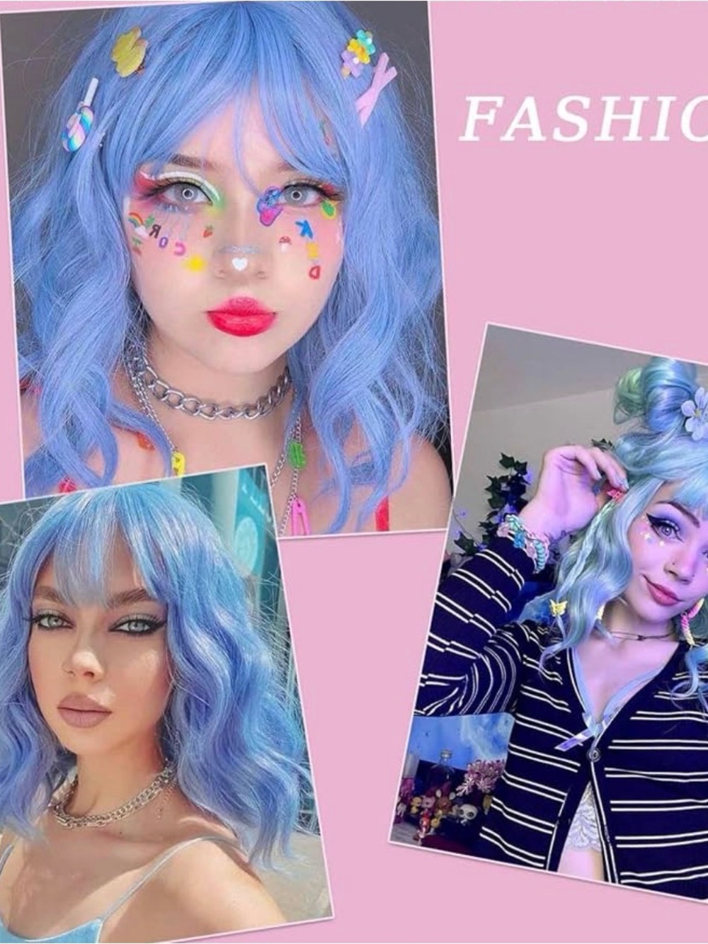 Light Blue Wavy Synthetic Wig with Bangs - Picture 3 of 4